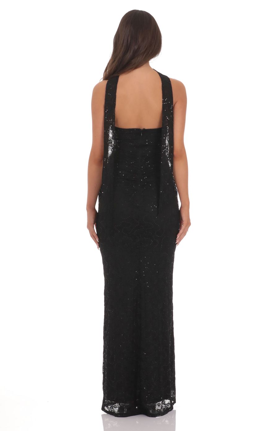 Lucy In The Sky Sequin Scarf Lace Maxi Dress in Black