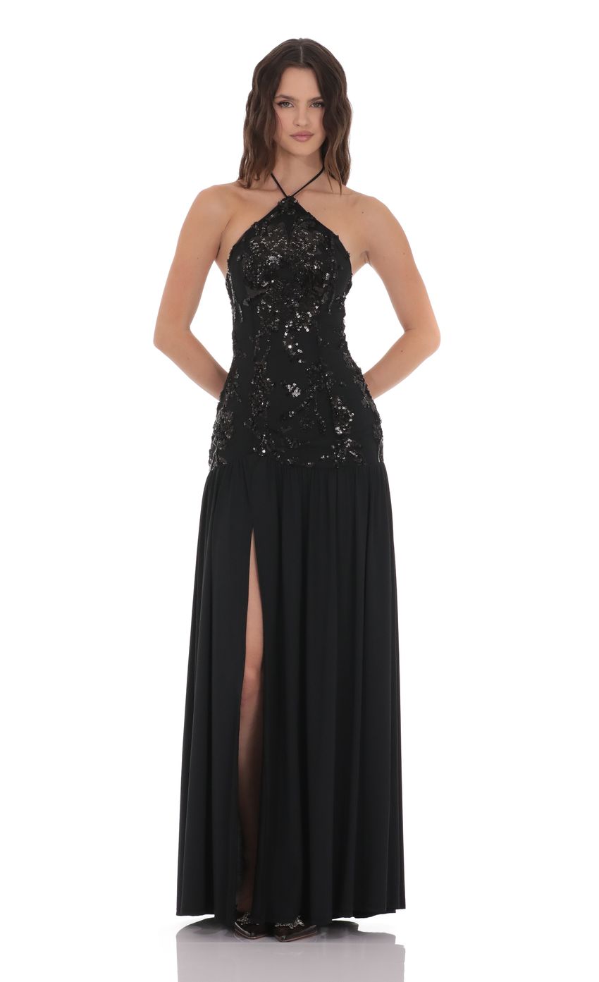 Lucy In The Sky Drop Waist Sequin Maxi Dress in Black