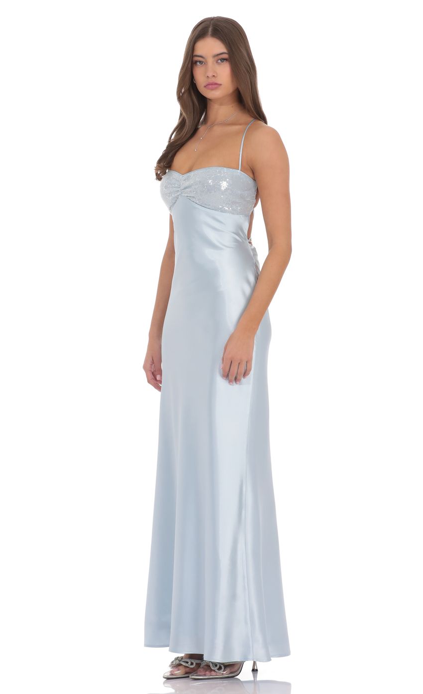 Lucy In The Sky Sequin Bust Satin Maxi Dress in Light Blue
