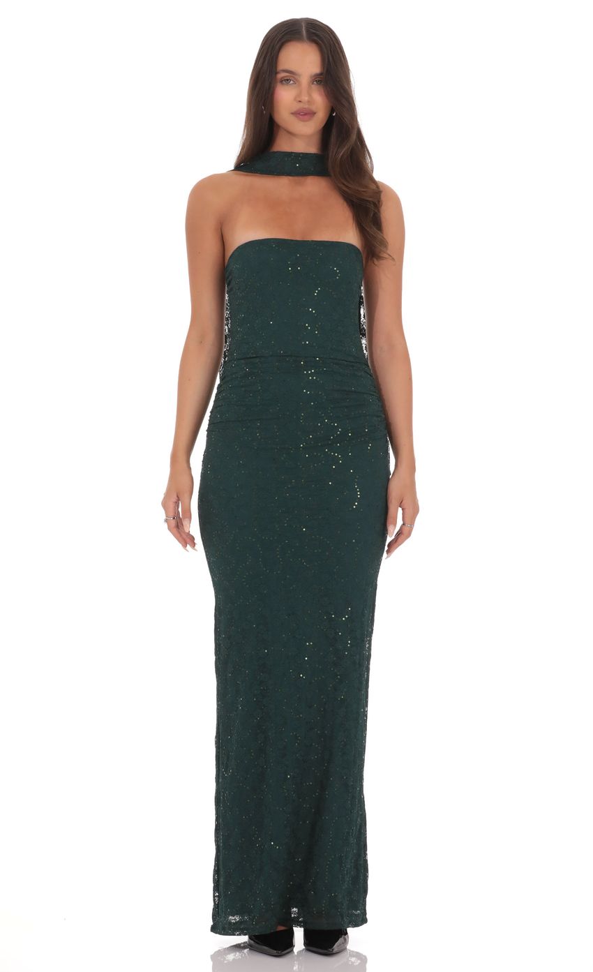 Lucy In The Sky Sequin Scarf Lace Maxi Dress in Green