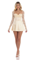 Lucy In The Sky Satin Lace Sleeve Dress in Yellow Cream