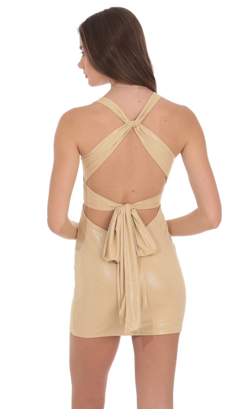 Lucy In The Sky Foil Twist Open Back Dress in Gold