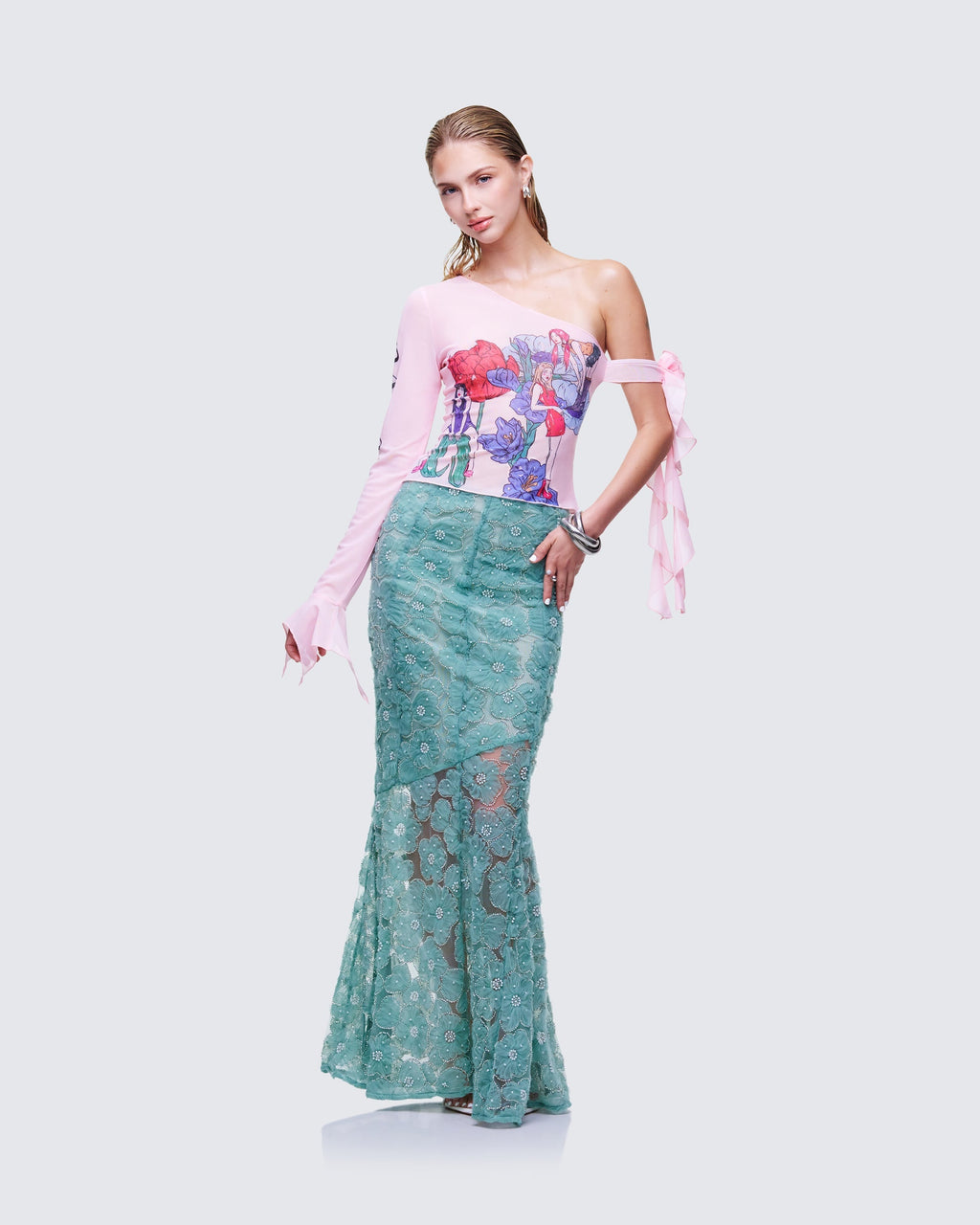 Sylphine Printed Mesh Asymmetric Top