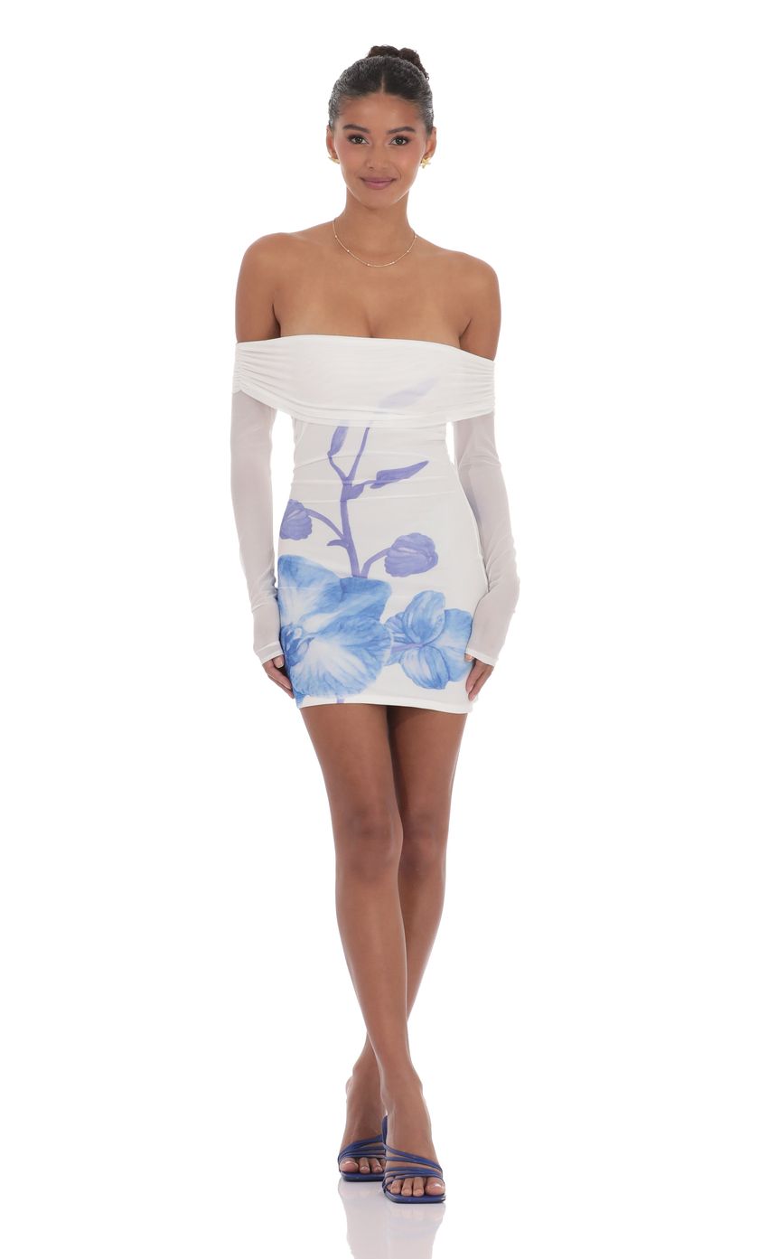 Lucy In The Sky Floral Mesh Off Shoulder Dress in White