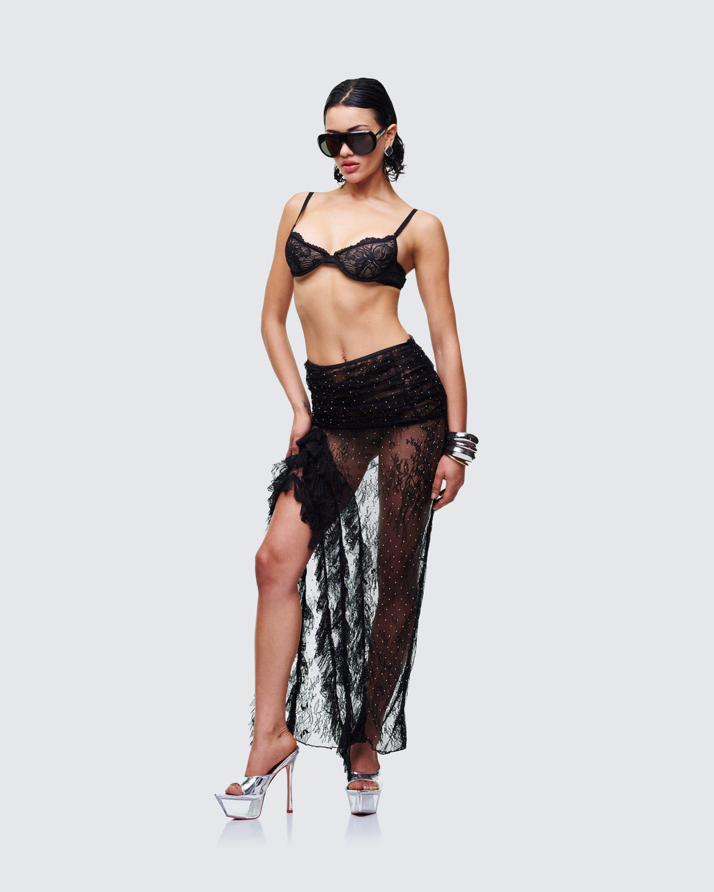 Finesse Elyra Black Lace Sheer Maxi Skirt