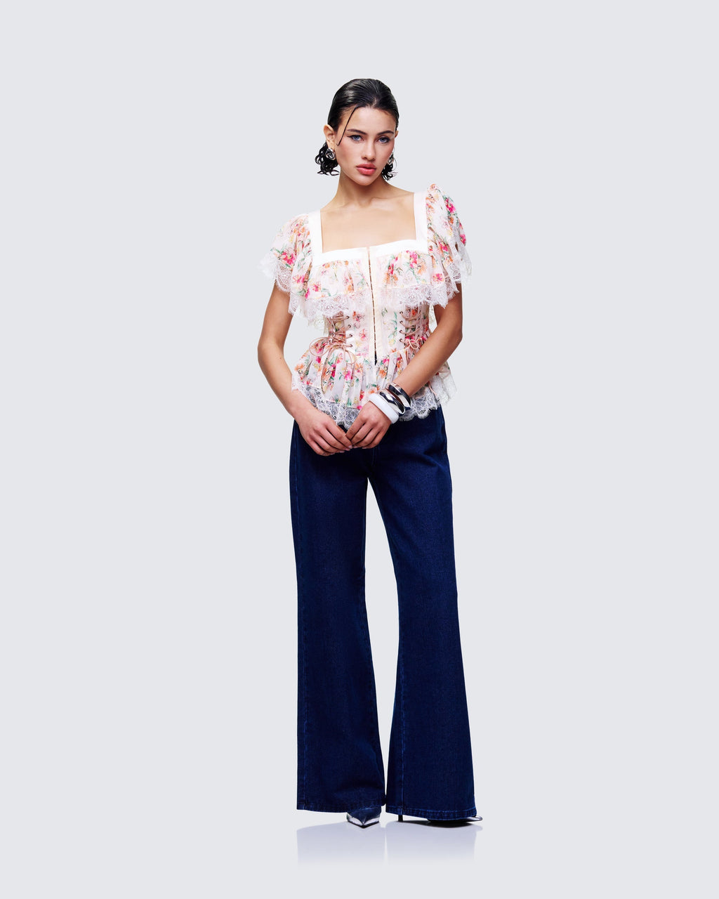 Finesse Aroa Ivory Floral Print Peplum Top