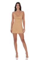 Lucy In The Sky Rhinestone Cowl Neck Dress in Beige