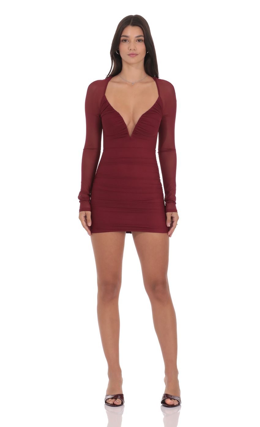 Lucy In The Sky Mesh Long Sleeve Bodycon Dress in Burgundy