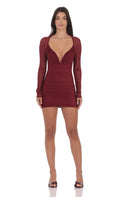 Lucy In The Sky Mesh Long Sleeve Bodycon Dress in Burgundy