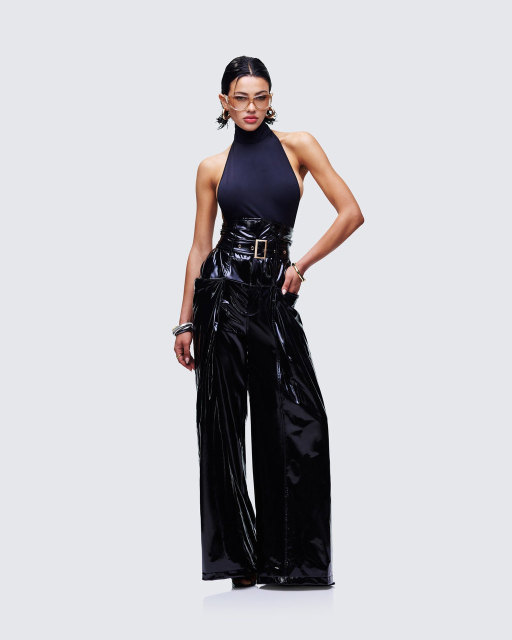 Finesse Melusine Black Vegan Leather Belted Paperbag Trousers