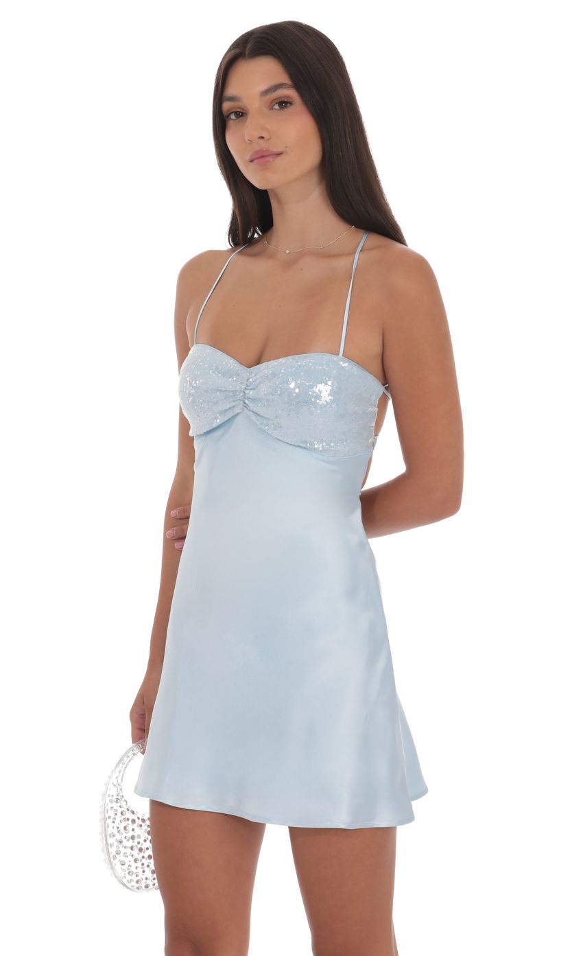 Lucy In The Sky Satin Sequin Bust Dress in Light Blue