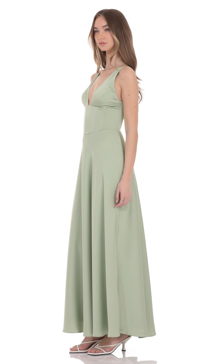 Lucy In The Sky Satin Plunge Neck Corset Maxi Dress in Sage