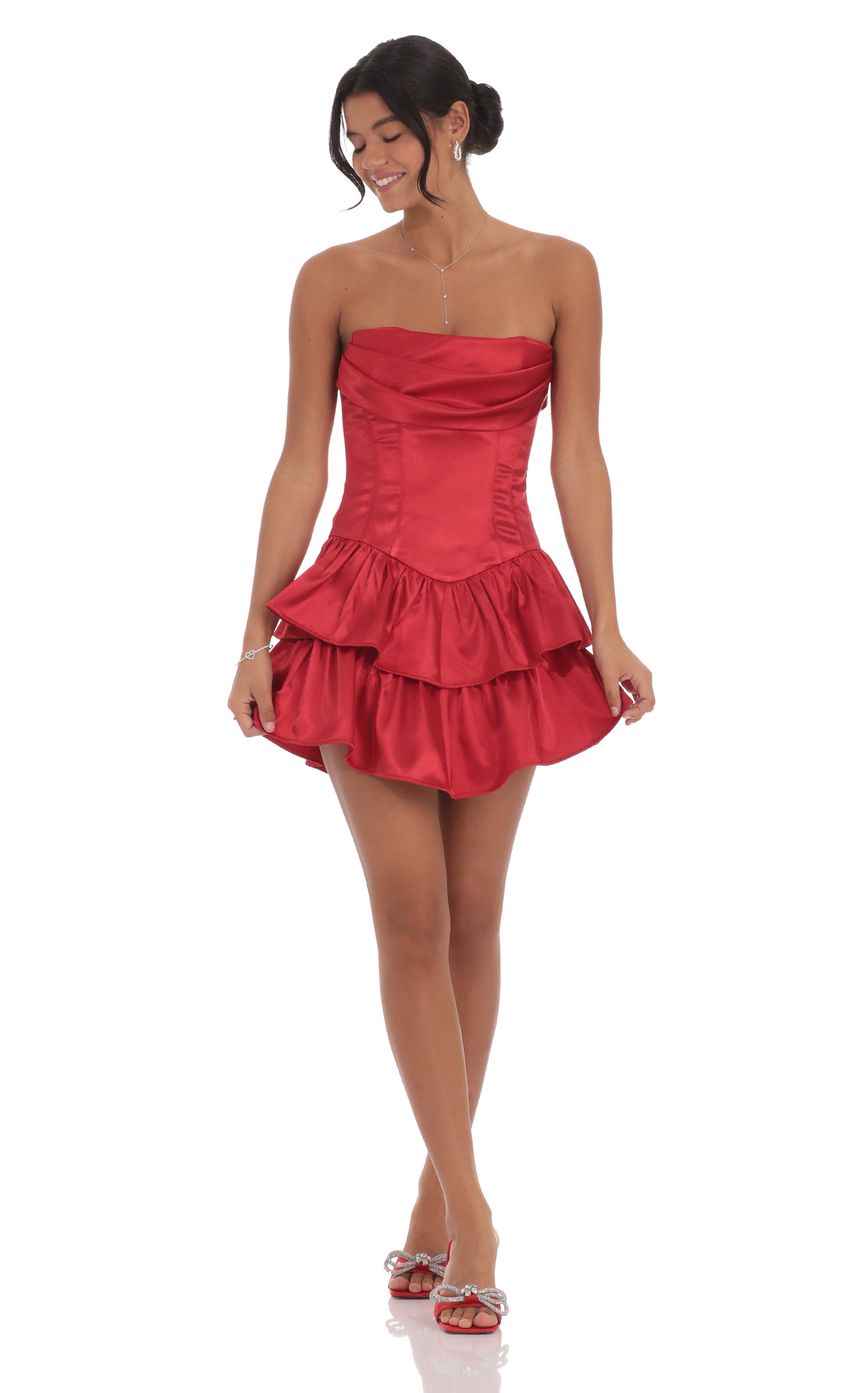 Lucy In The Sky Satin Corset Strapless Dress in Red