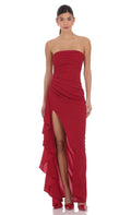 Lucy In The Sky Strapless Ruched Ruffle Maxi Dress in Maroon