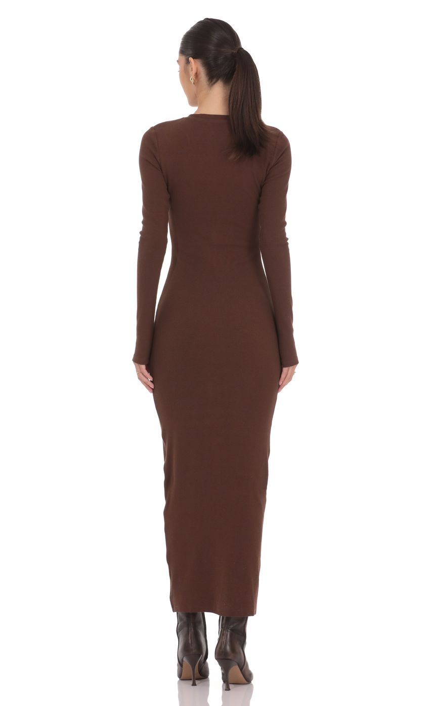 Lucy In The Sky Button Down Ribbed Maxi Dress in Brown