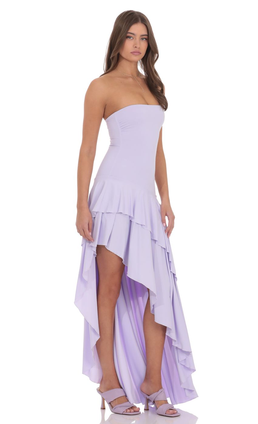 Lucy In The Sky Strapless Ruffle Asymmetrical Maxi Dress in Lavender