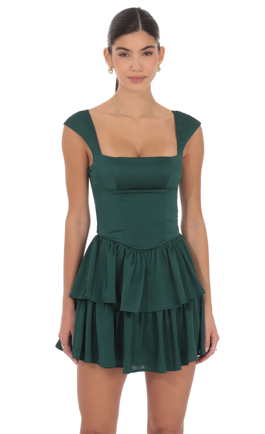 Lucy In The Sky Satin Wide Strap Ruffle Dress in Green