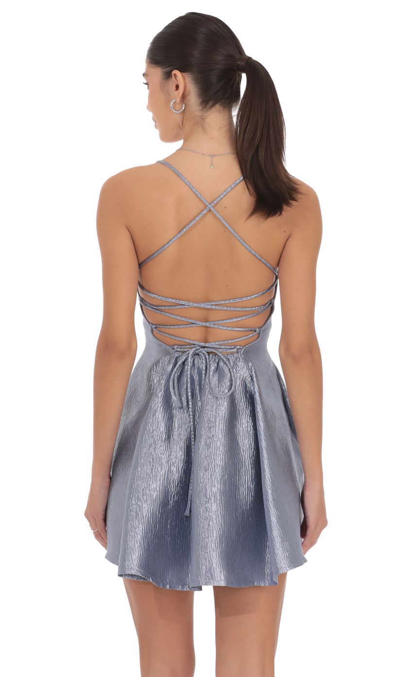 Lucy In The Sky Crinkle Metallic Fit and Flare Dress in Slate Blue