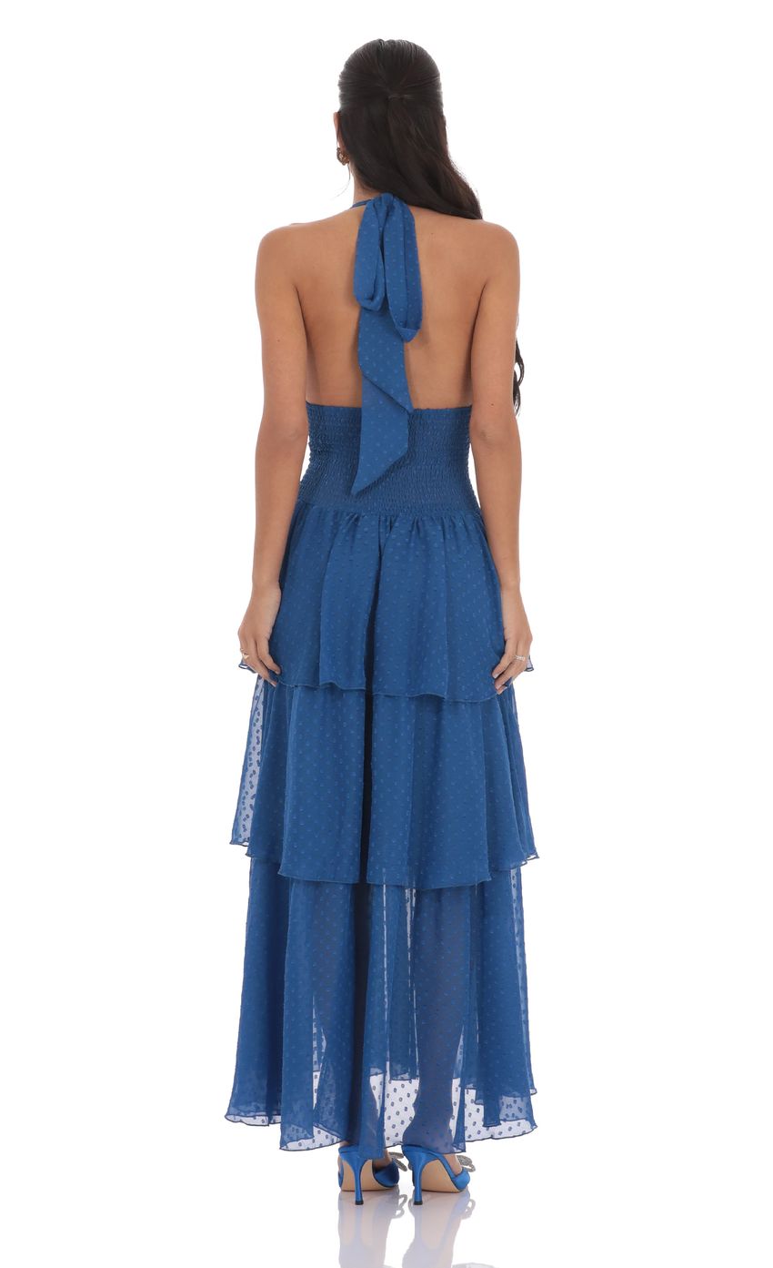 Lucy In The Sky Dotted Smocked Halter Maxi Dress in Blue