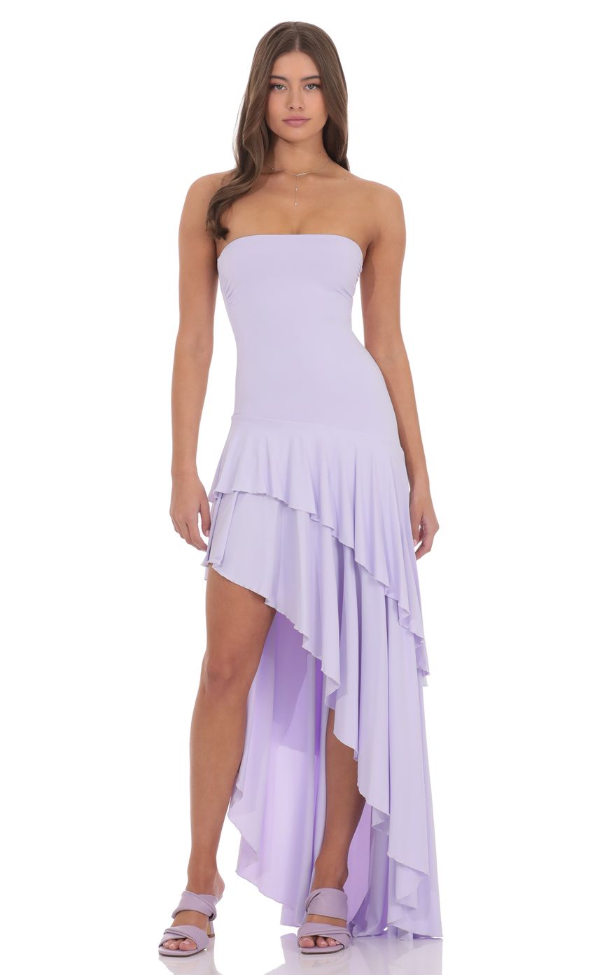 Lucy In The Sky Strapless Ruffle Asymmetrical Maxi Dress in Lavender