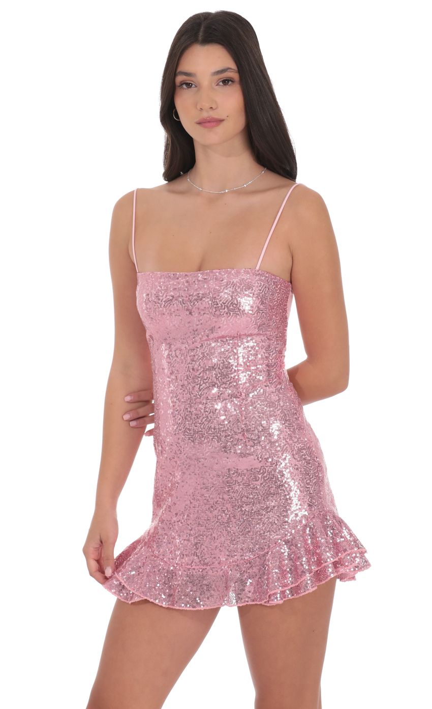 Lucy In The Sky Sequin Ruffle Dress in Pink