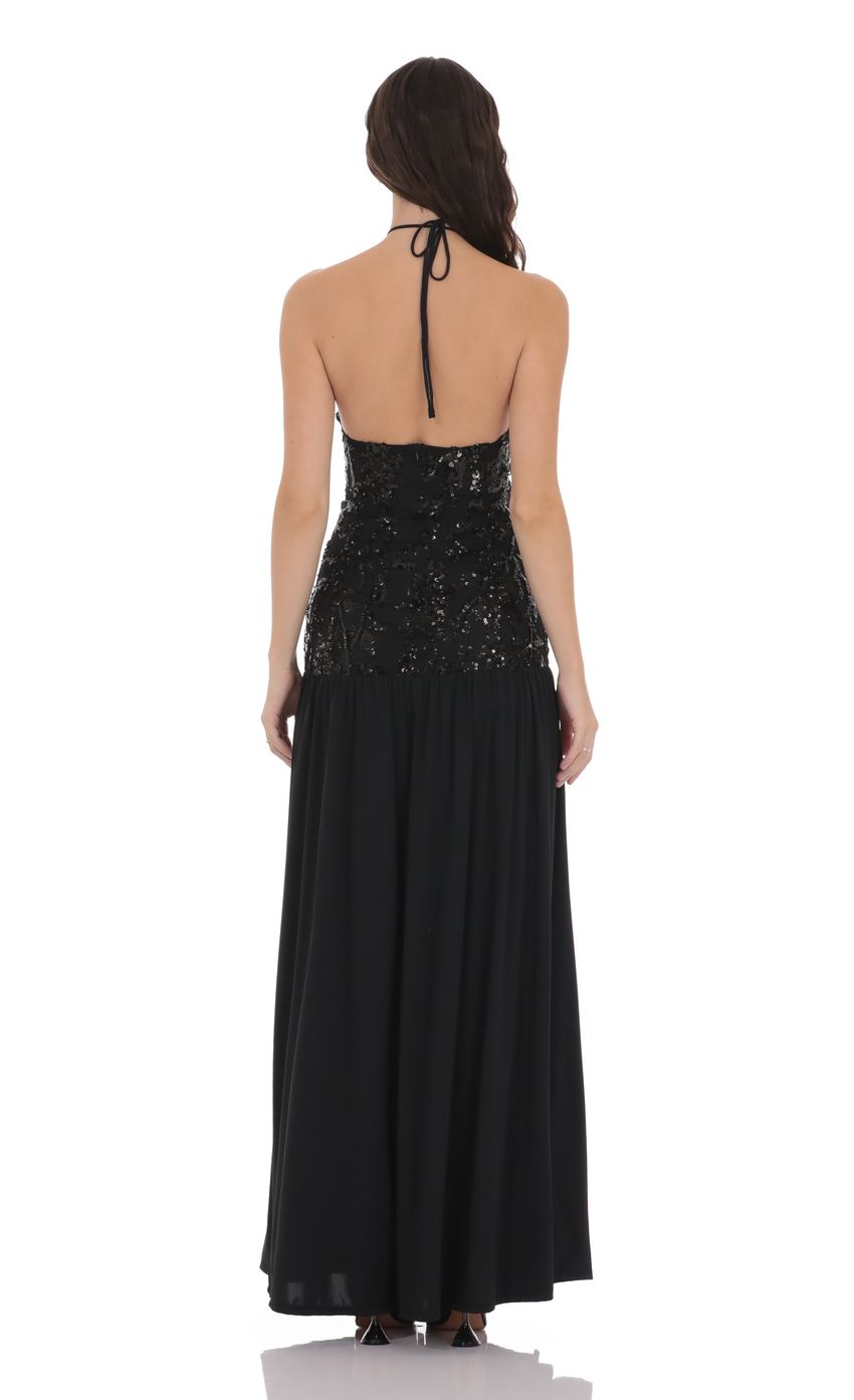 Lucy In The Sky Drop Waist Sequin Maxi Dress in Black