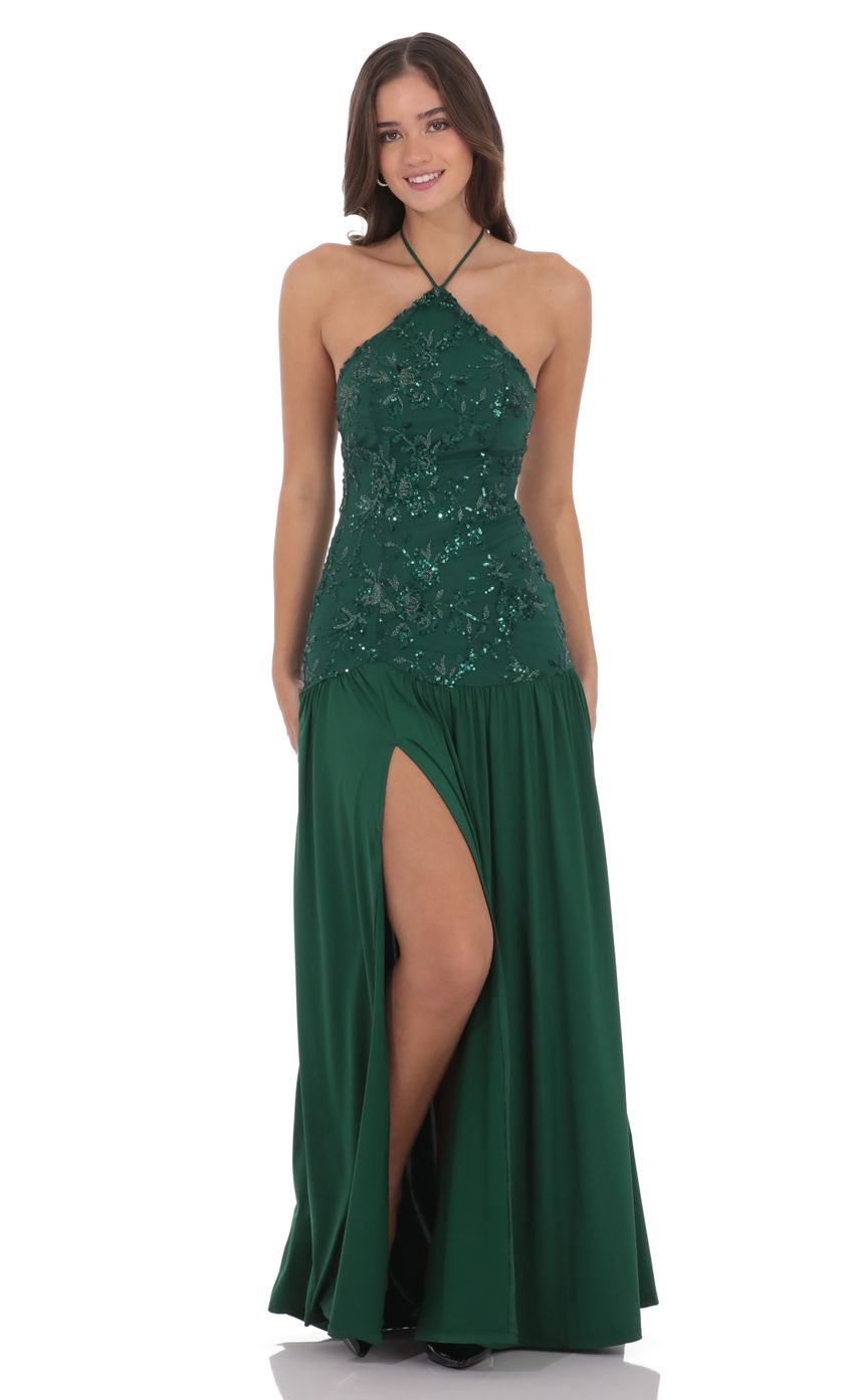 Lucy In The Sky Drop Waist Sequin Maxi Dress in Green