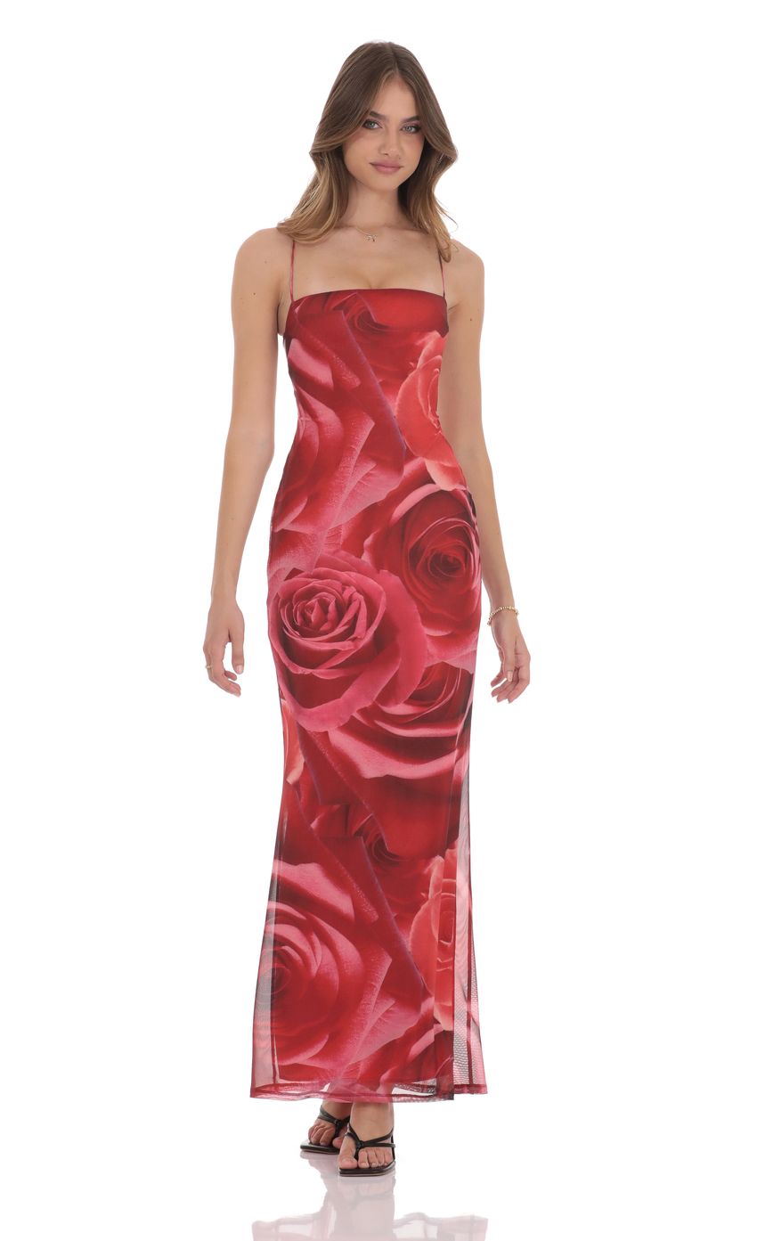 Lucy In The Sky Floral Bodycon Open Back Maxi Dress in Red