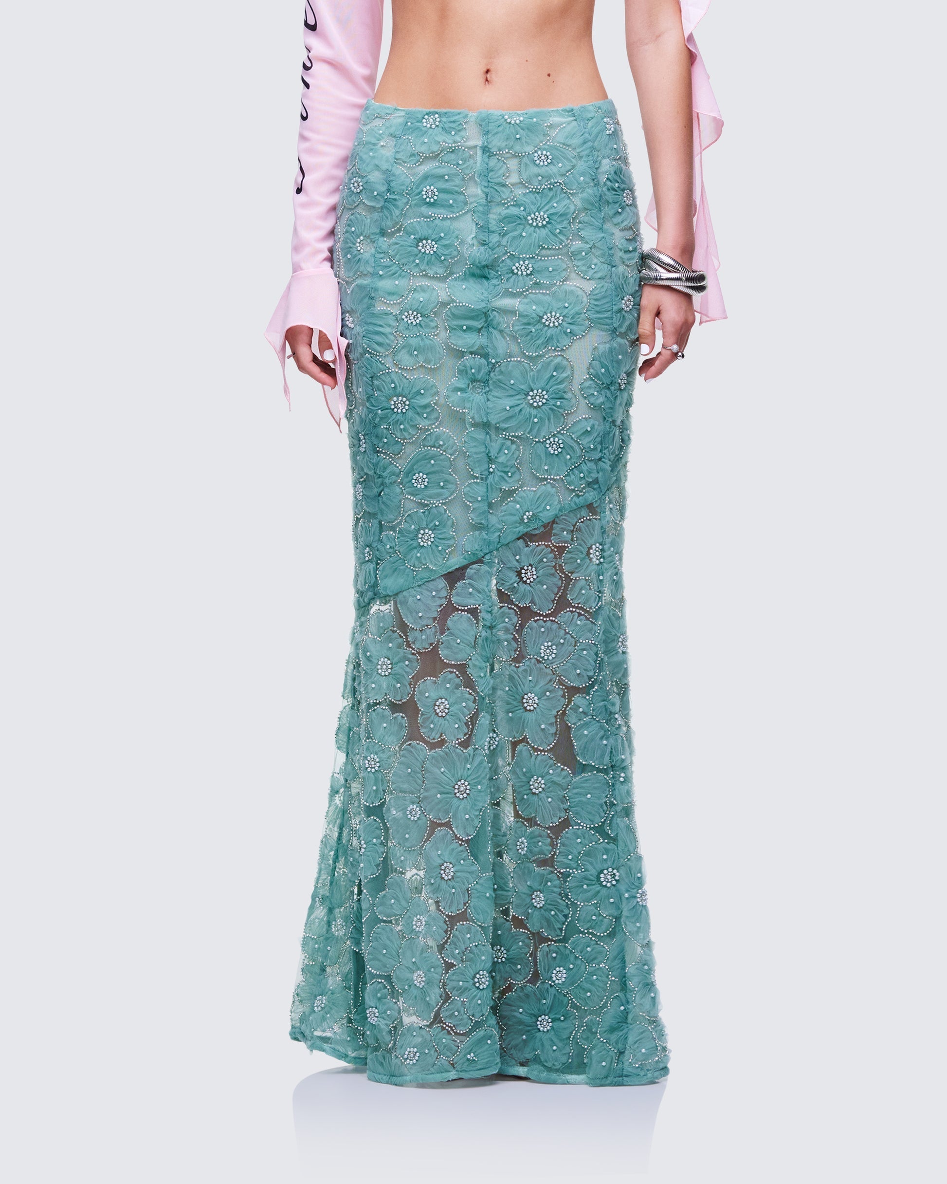 Finesse Delancy Green Embroidered Maxi Skirt