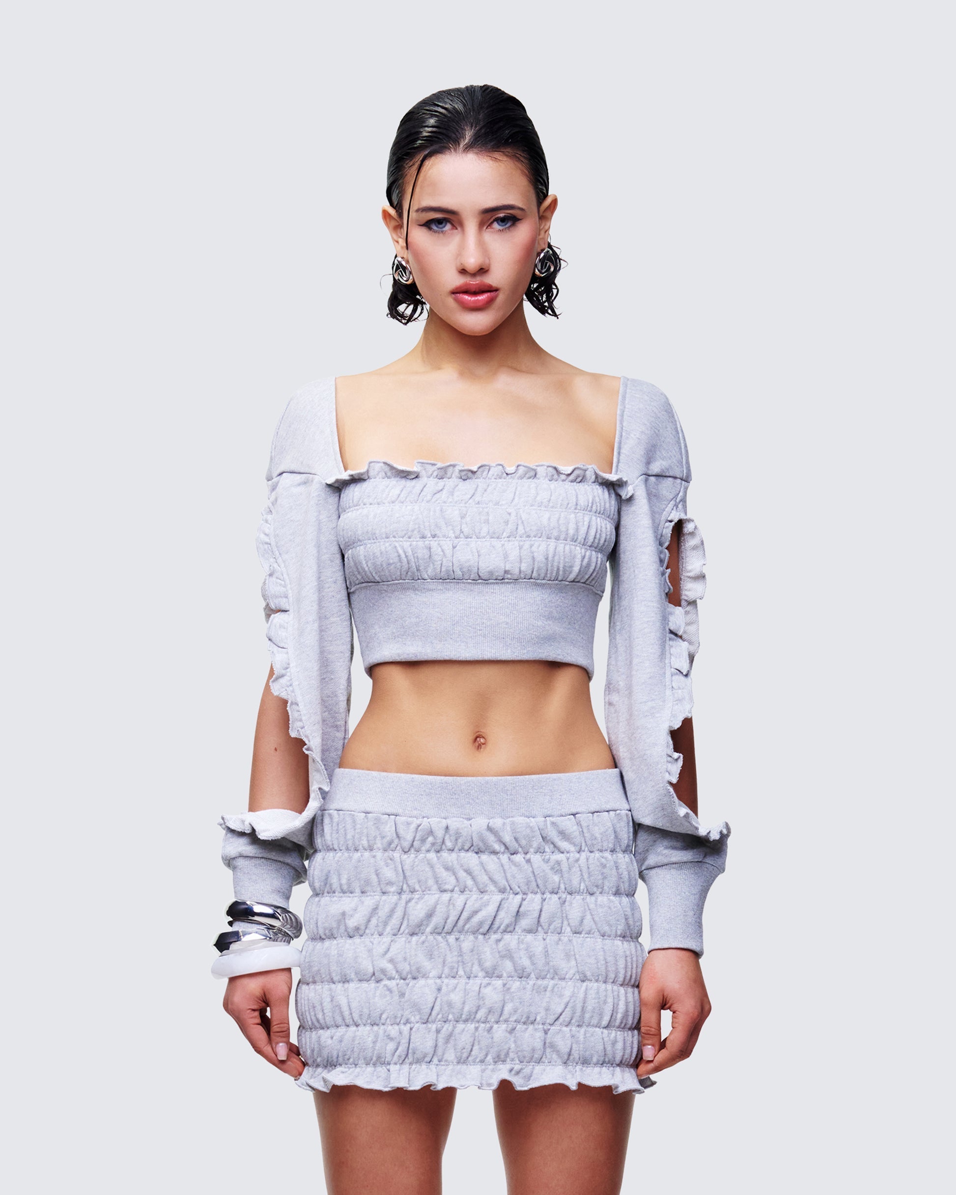 Finesse Sonet Grey Knit Ruffle Edge Open Sleeve Top