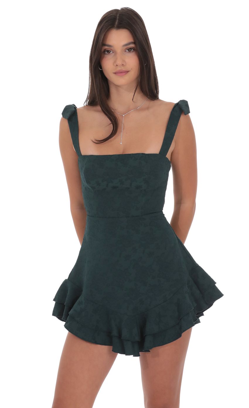 Lucy In The Sky Floral Jacquard Ruffle A-line Dress in Forest Green