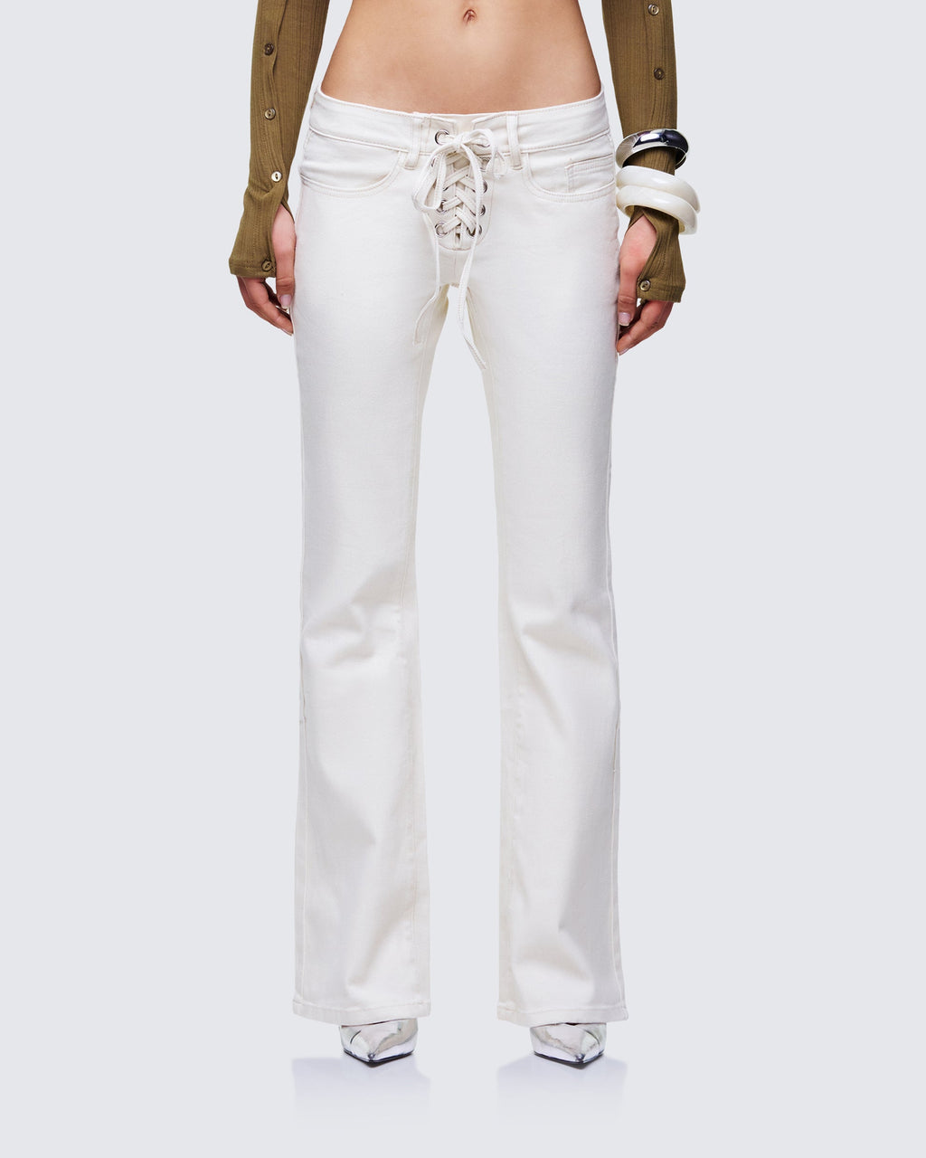 Finesse Abiola Ivory Denim Lace Up Jeans