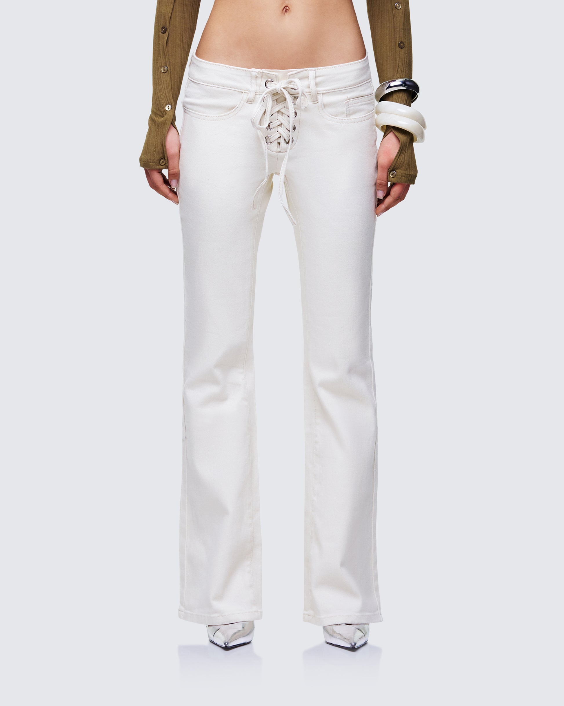 Finesse Abiola Ivory Denim Lace Up Jeans