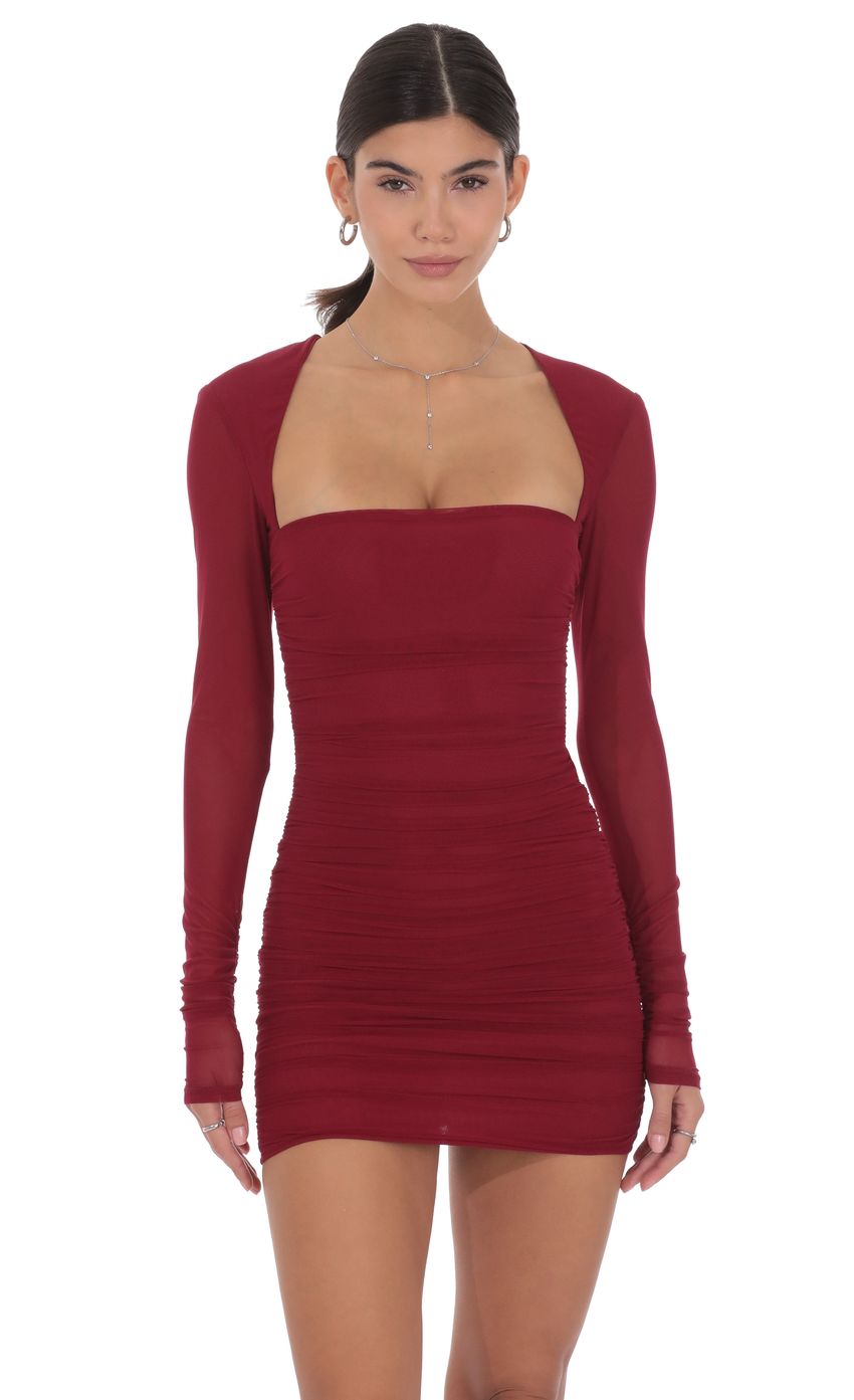 Lucy In The Sky Mesh Long Sleeve Bodycon in Maroon