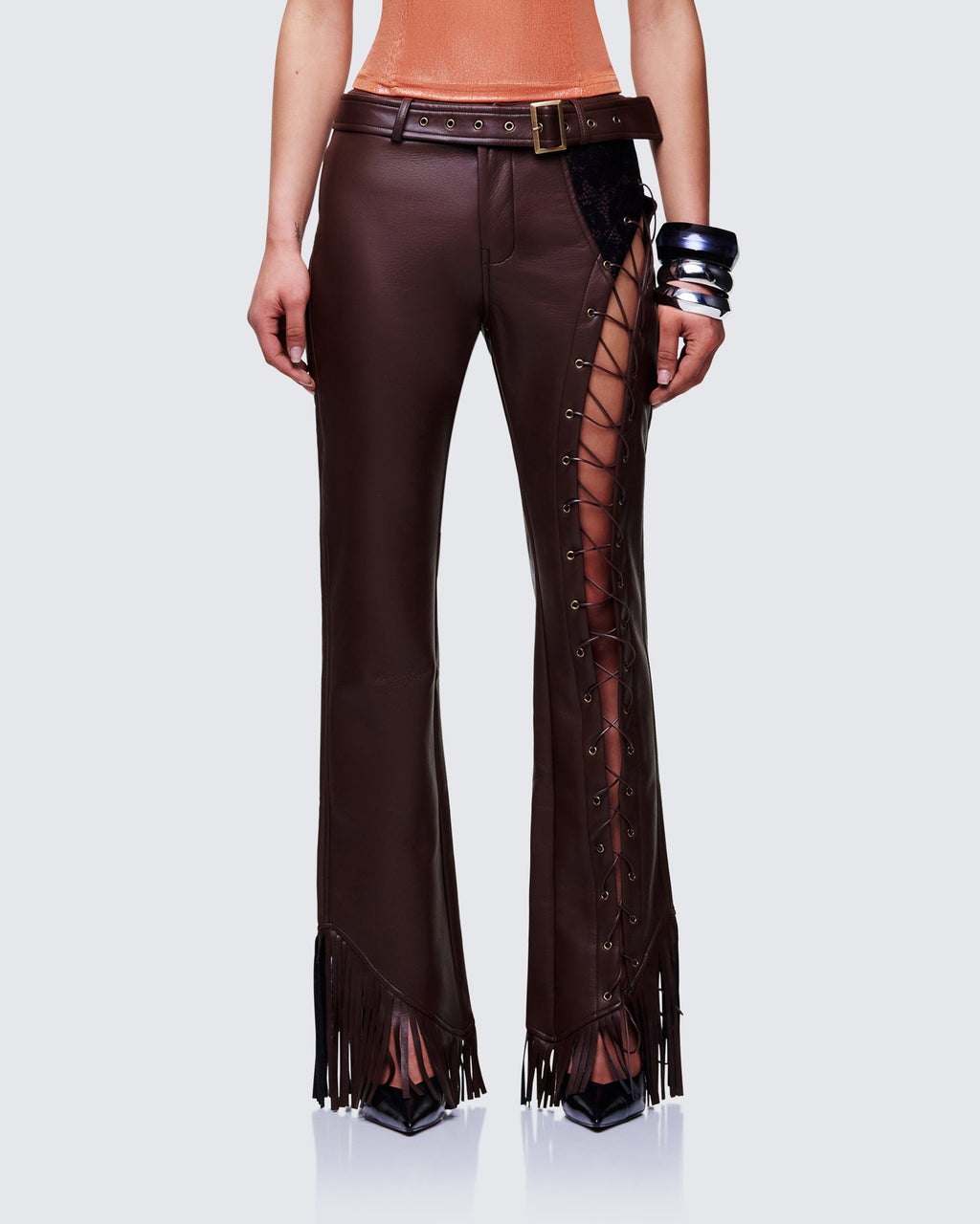 Finesse Liora Brown Vegan Leather Laced Pants