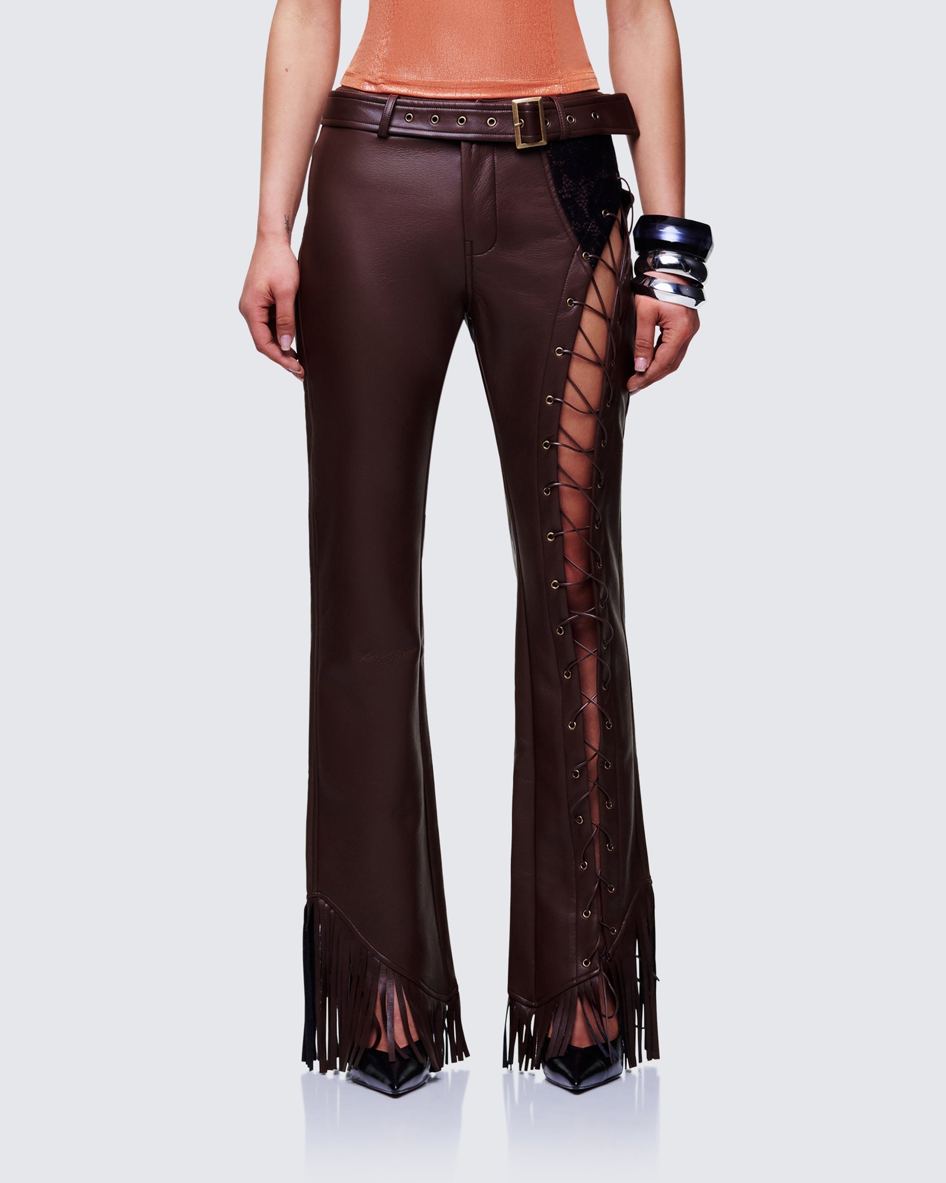 Finesse Liora Brown Vegan Leather Laced Pants