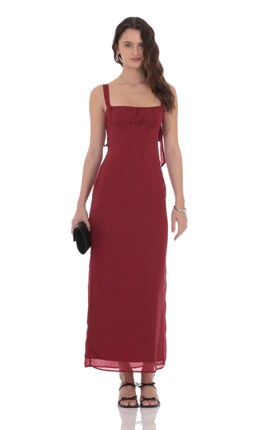 Lucy In The Sky Shimmer Empire Waist Maxi Dress in Maroon