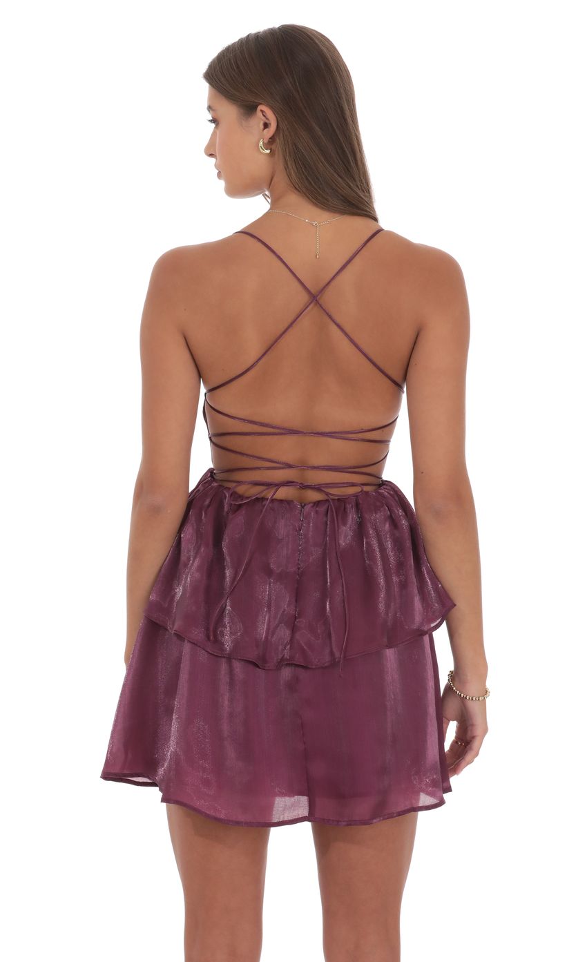 Lucy In The Sky Sheen Ruffle Lace Up Dress in Plum