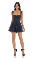 Lucy In The Sky Lace Sequin Fit and Flare Dress in Navy