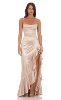 Lucy In The Sky Satin Ruffle Maxi Dress in Champagne