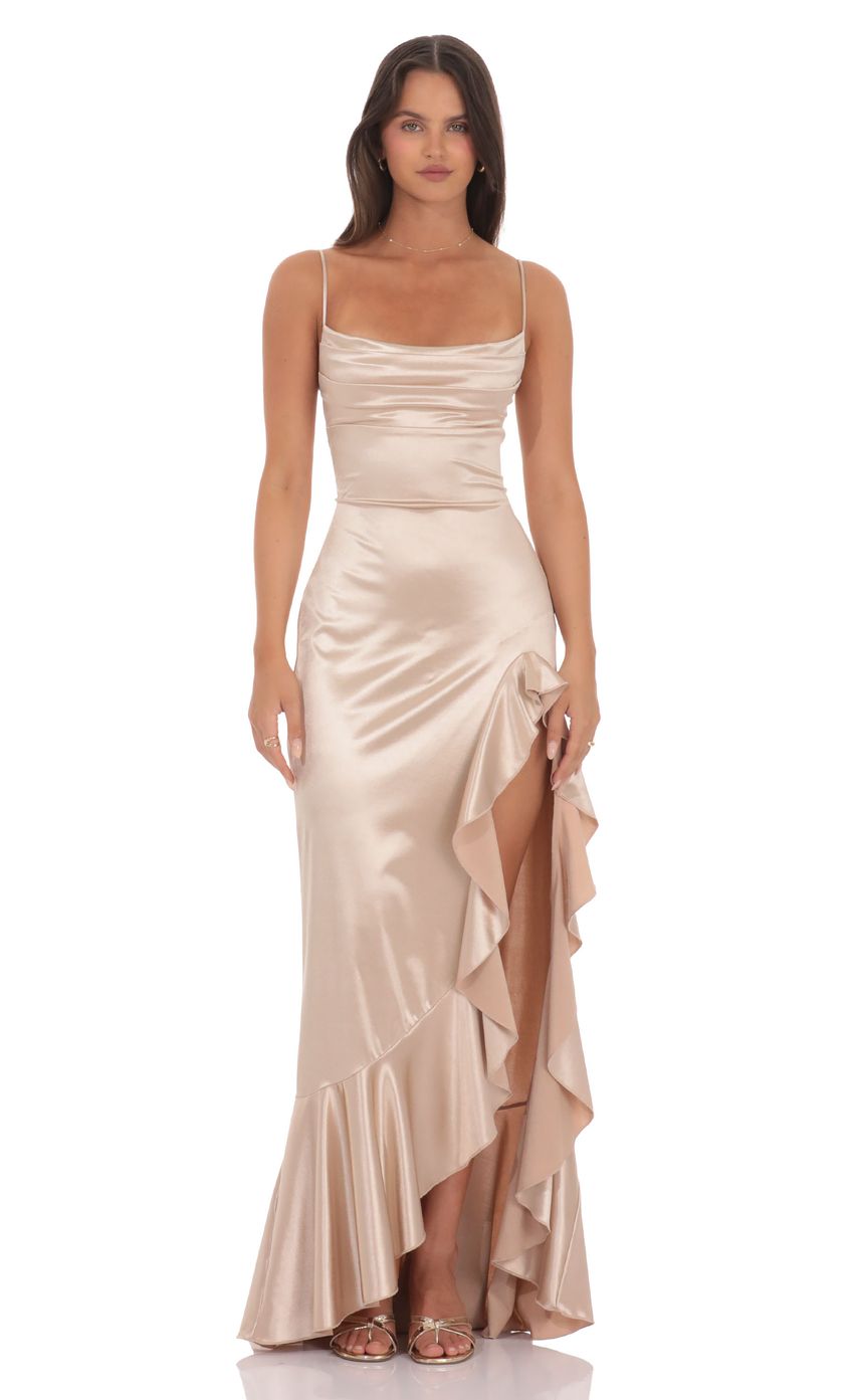 Lucy In The Sky Satin Ruffle Maxi Dress in Champagne