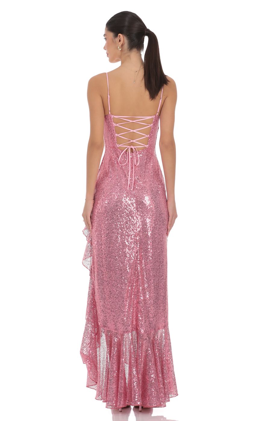 Lucy In The Sky Sequin Ruffle Maxi Dress in Pink