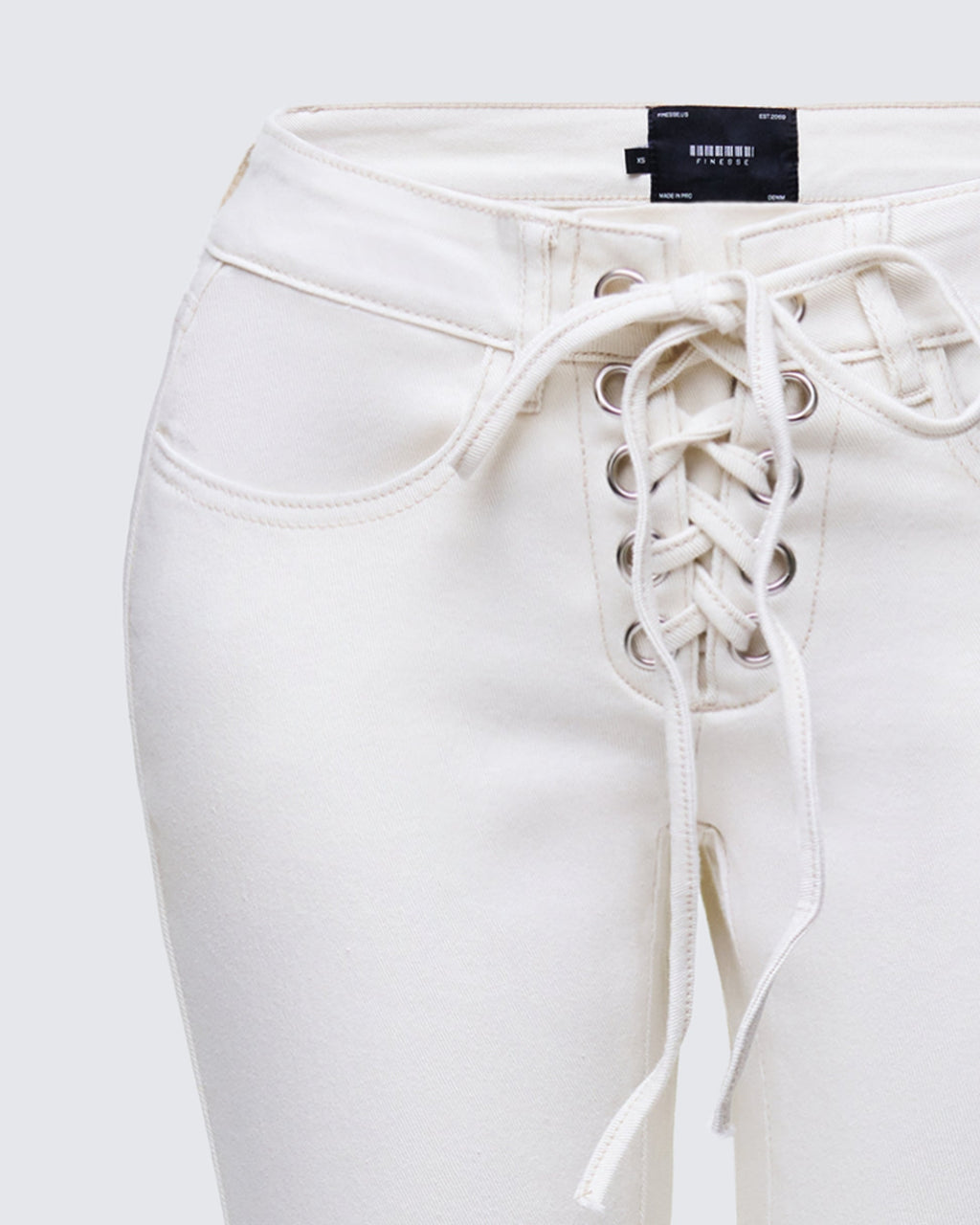 Finesse Abiola Ivory Denim Lace Up Jeans