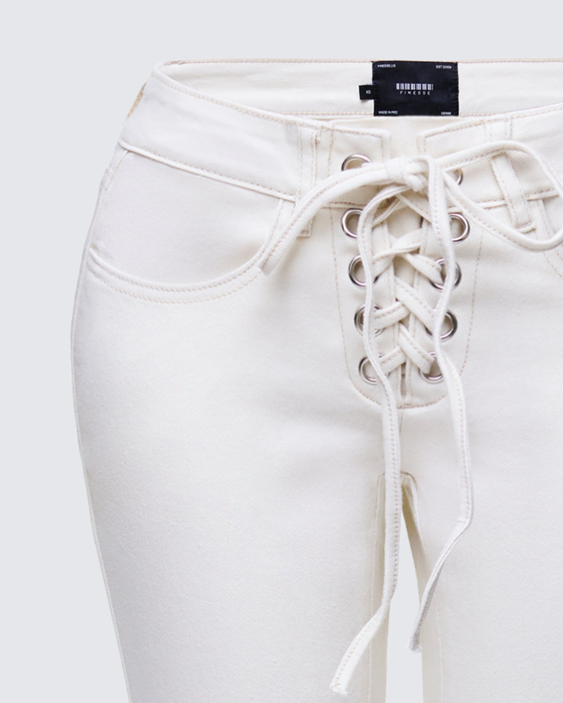 Finesse Abiola Ivory Denim Lace Up Jeans