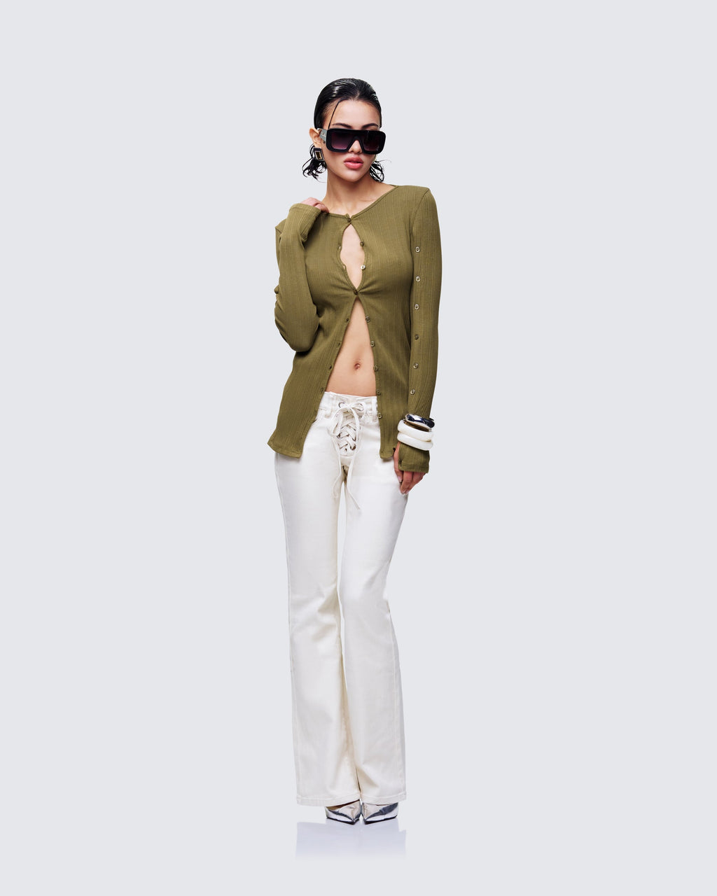 Finesse Abiola Ivory Denim Lace Up Jeans