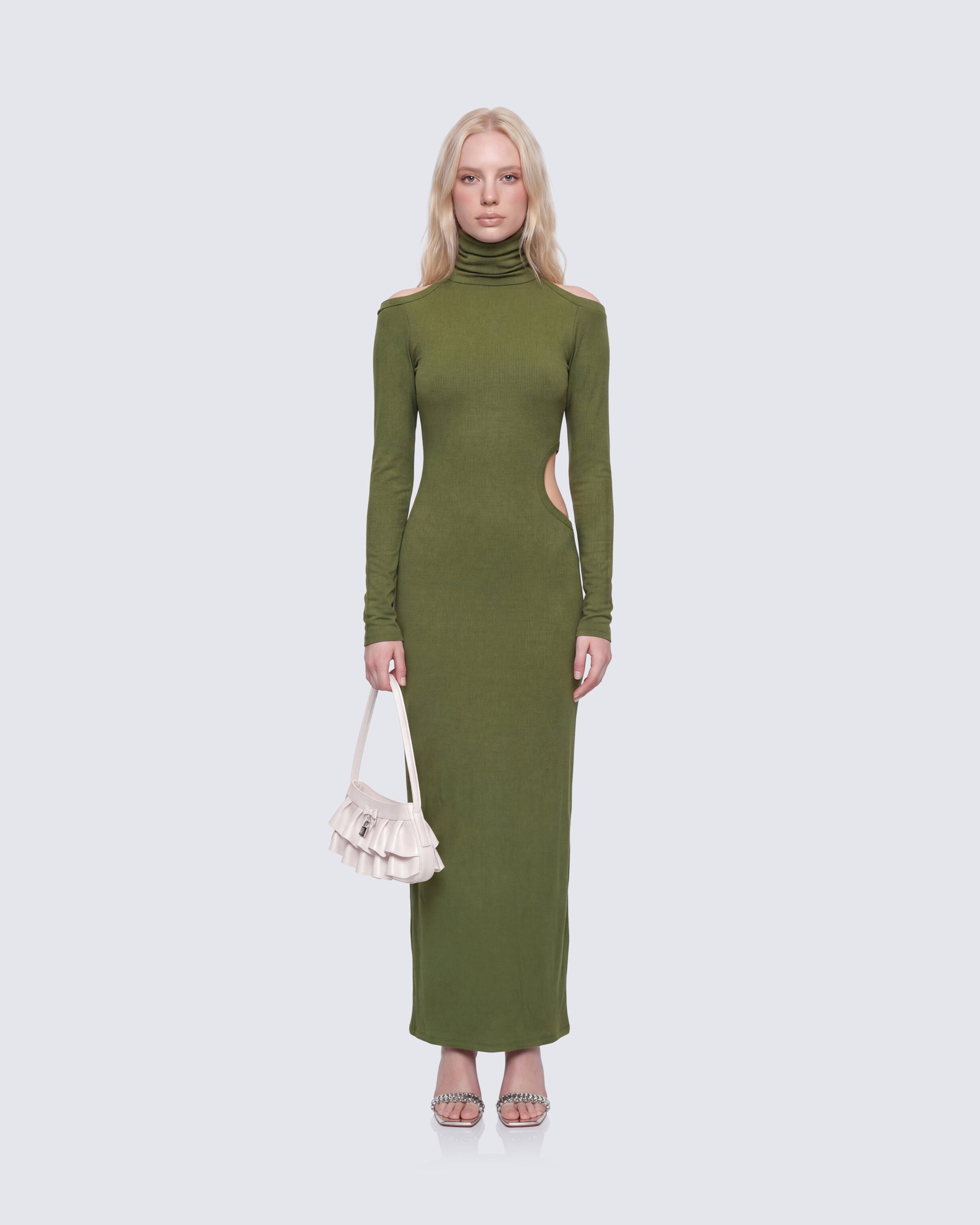 Finesse Aiko Olive Ribbed Cutout Maxi Dress