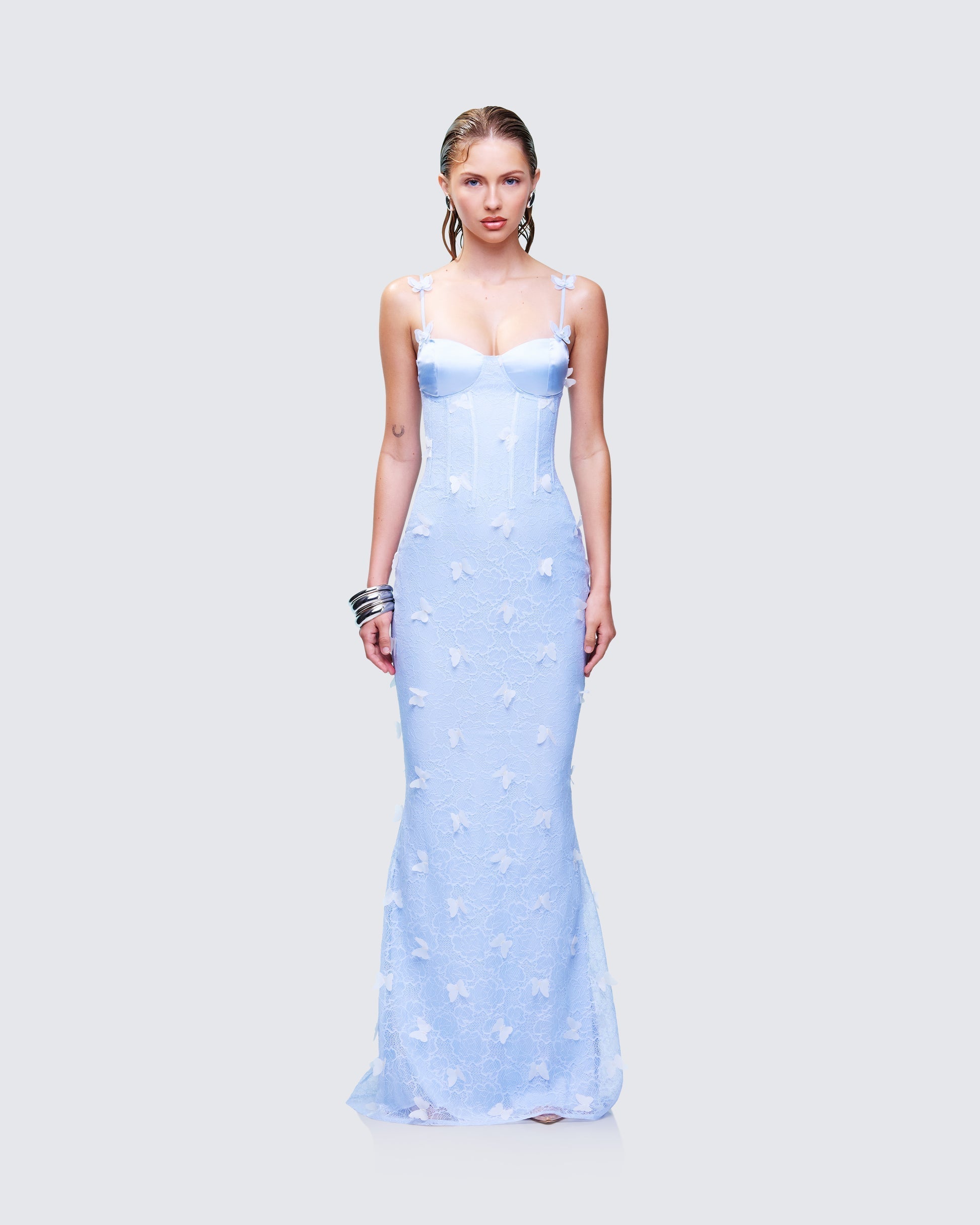 Alma Blue Butterfly Lace Maxi Dress