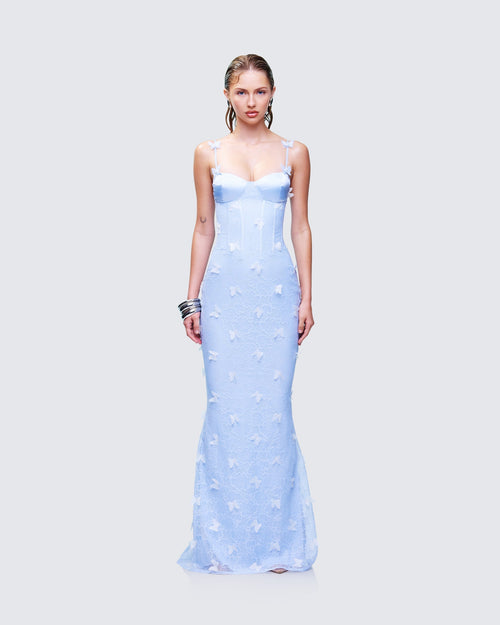 Alma Blue Butterfly Lace Maxi Dress