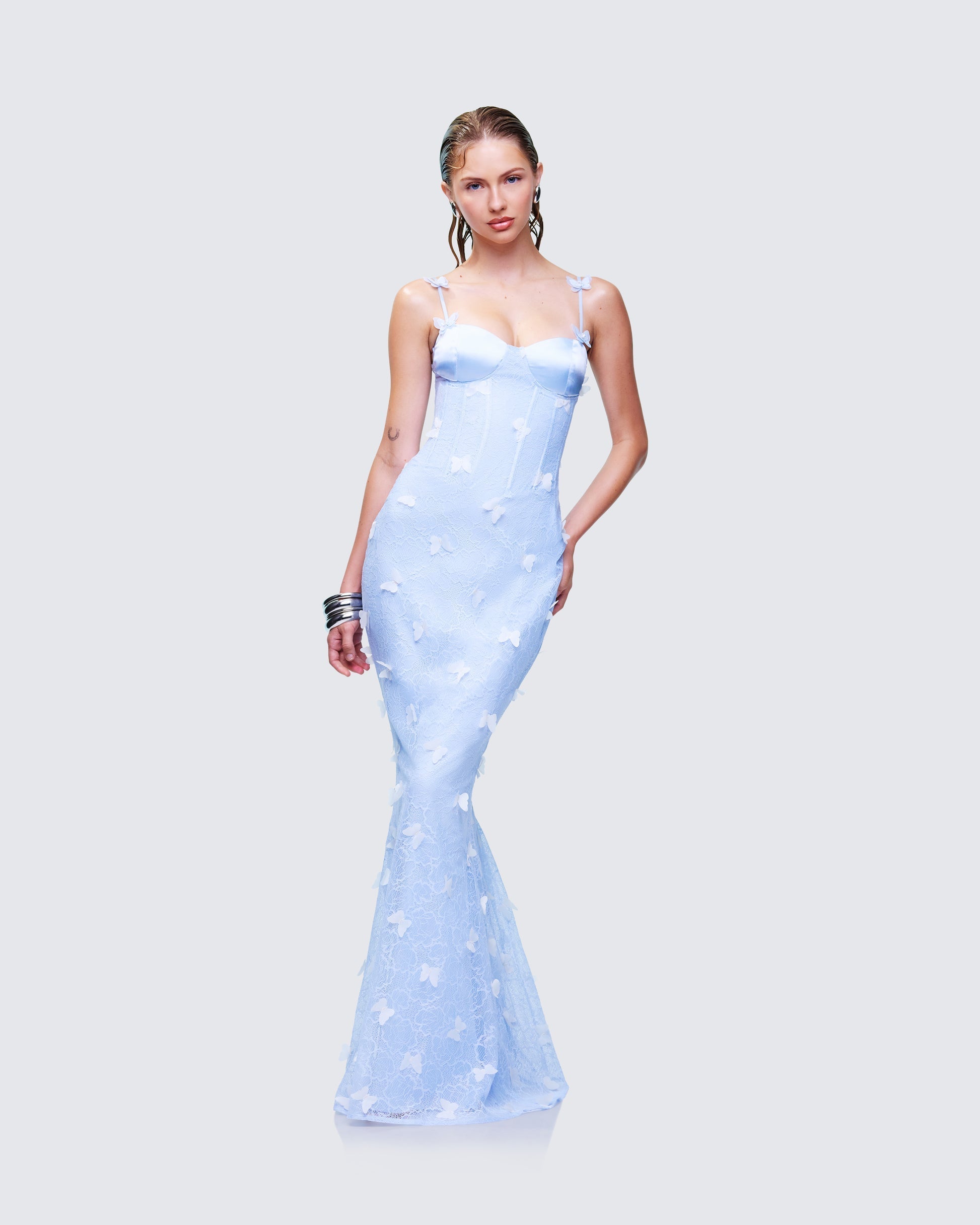 Alma Blue Butterfly Lace Maxi Dress