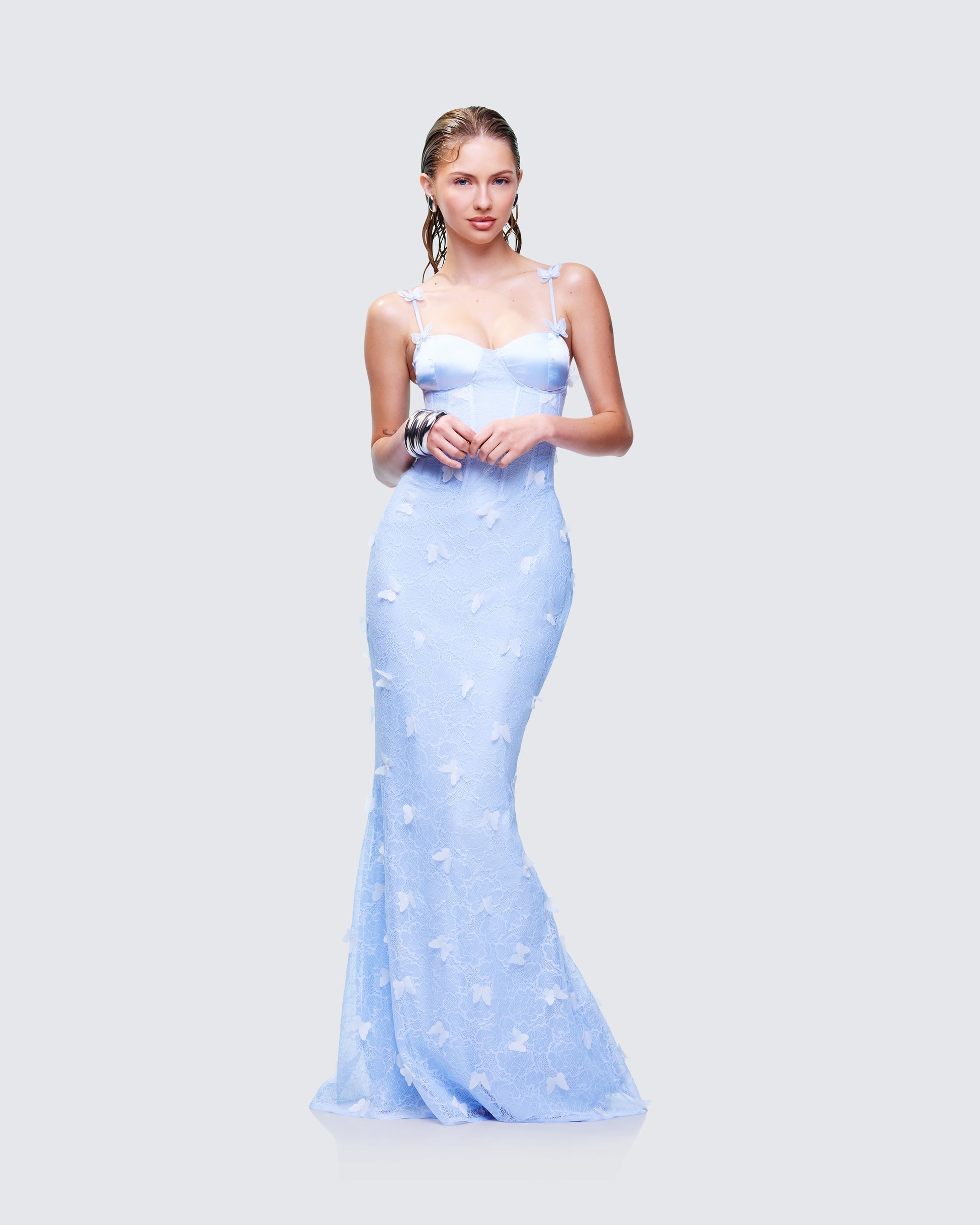 Alma Blue Butterfly Lace Maxi Dress